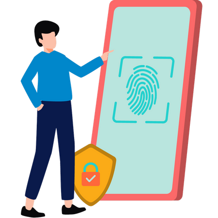 Boy locking phone with fingerprint  Illustration