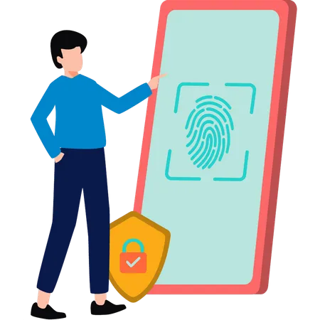 Boy locking phone with fingerprint  Illustration