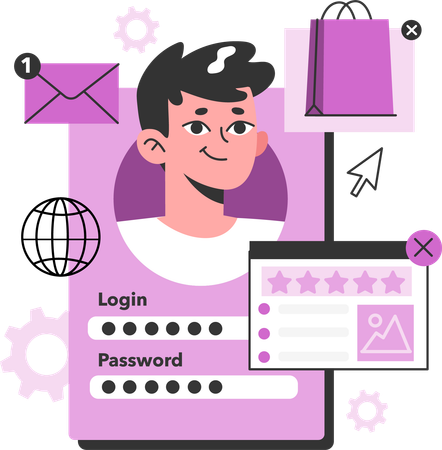 Boy login account and giving shopping review  Illustration