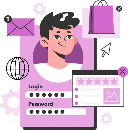 Boy login account and giving shopping review  Illustration