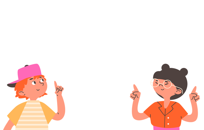 Boy look up and point finger and girl with closed eyes show both hands gesture upward  Illustration
