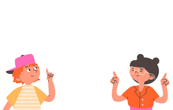 Boy look up and point finger and girl with closed eyes show both hands gesture upward  Illustration