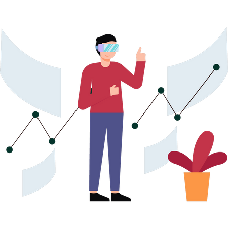 Boy looking at analytics graph wearing VR glasses  Illustration