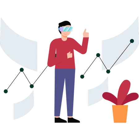 Boy looking at analytics graph wearing VR glasses  Illustration