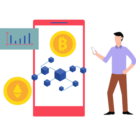 Boy looking at bitcoin blockchain  Illustration