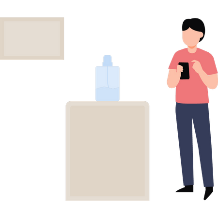 Boy looking at bottle on table  Illustration