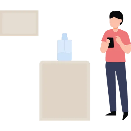 Boy looking at bottle on table  Illustration