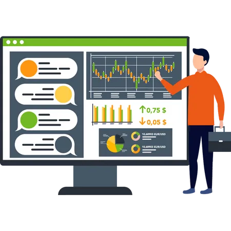 Boy looking at business analytics  Illustration