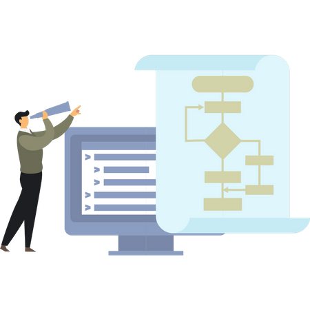 Boy Looking At Business Flow Chart  Illustration