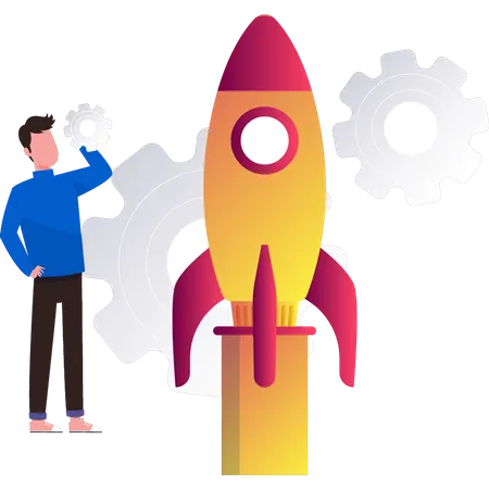 Boy looking at business startup rocket  Illustration