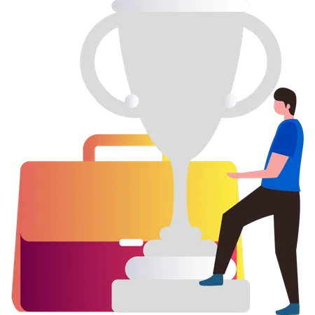 Boy looking at business trophy  Illustration
