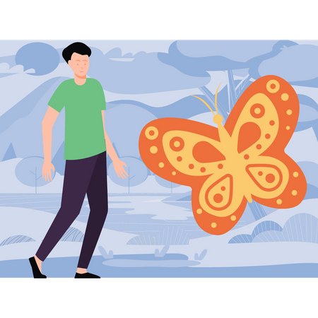 Boy looking at butterfly Illustration