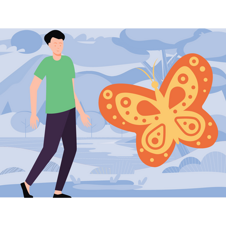 Boy looking at butterfly  Illustration