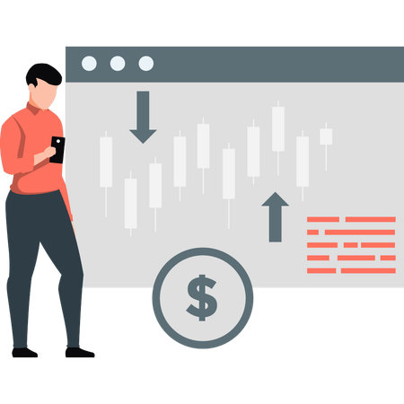 Boy looking at candle stick graph on mobile  Illustration