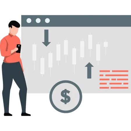 Boy looking at candle stick graph on mobile  Illustration