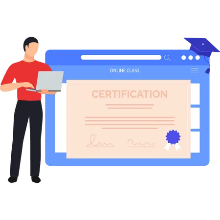 Boy Looking At Certificate On Laptop Illustration