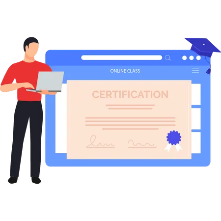 Boy looking at certificate on laptop  Illustration