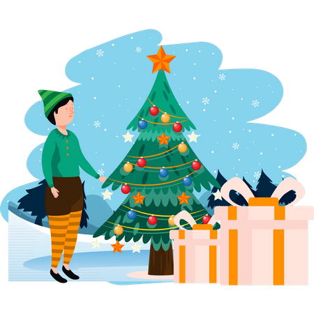 Boy looking at Christmas tree and presents  Illustration