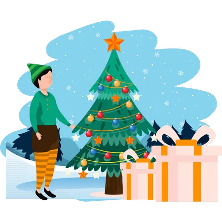 Boy looking at Christmas tree and presents  Illustration