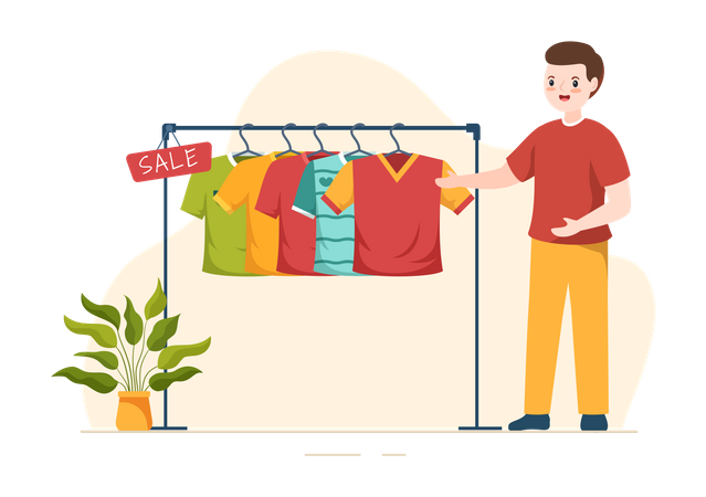 Boy looking at clothes  イラスト