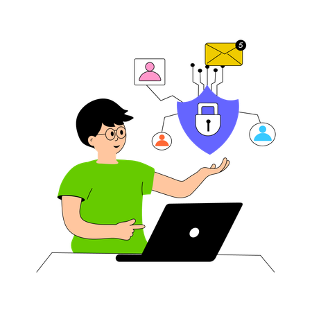 Boy looking at cyber network for security  Illustration