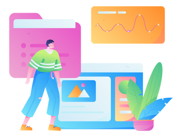 Boy looking at data statistics report  Illustration