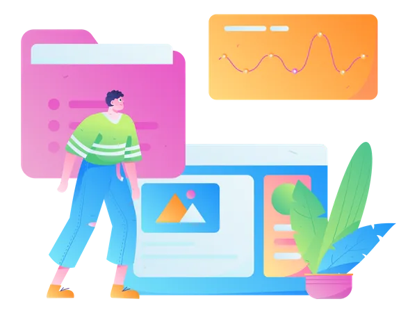 Boy looking at data statistics report  Illustration