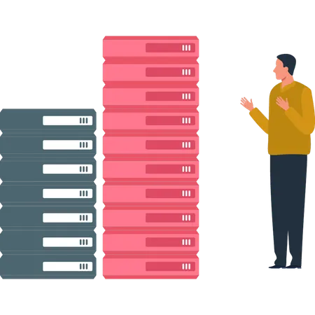 Boy looking at database servers  Illustration