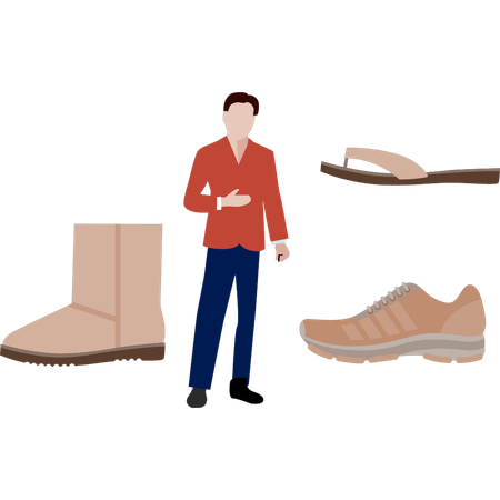 Boy looking at different shoes  Illustration
