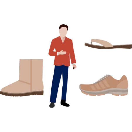 Boy looking at different shoes  Illustration