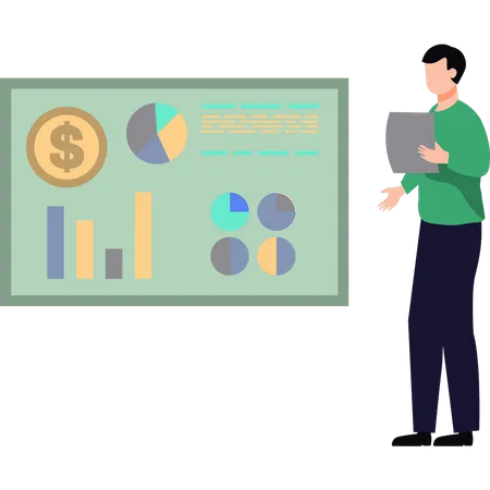 Boy looking at dollar chart graph board  Illustration