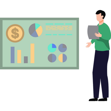 Boy looking at dollar chart graph board  Illustration