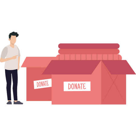 Boy looking at donation boxes  Illustration