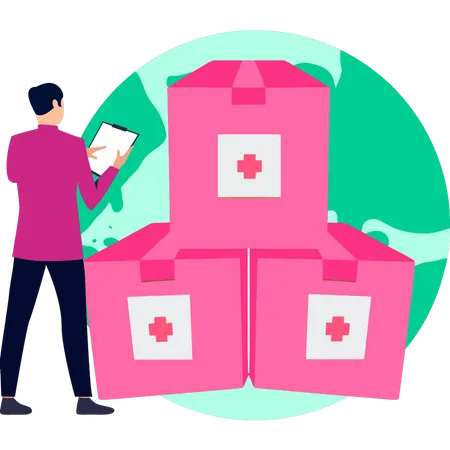 Boy looking at donation cartons  Illustration