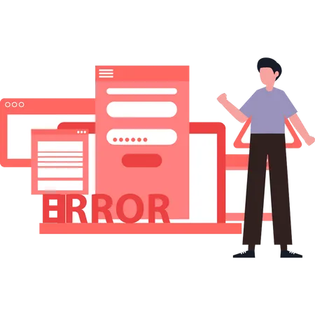 Boy looking at error in the laptop  Illustration