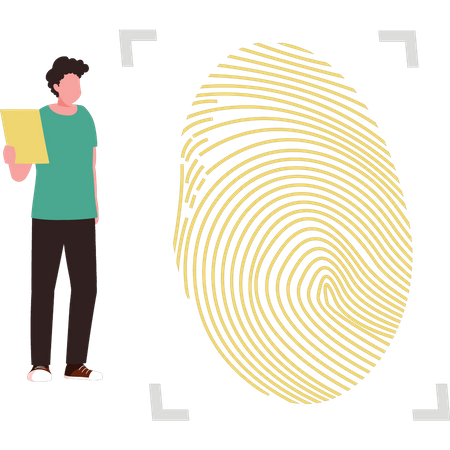 Boy looking at fingerprint identification  Illustration