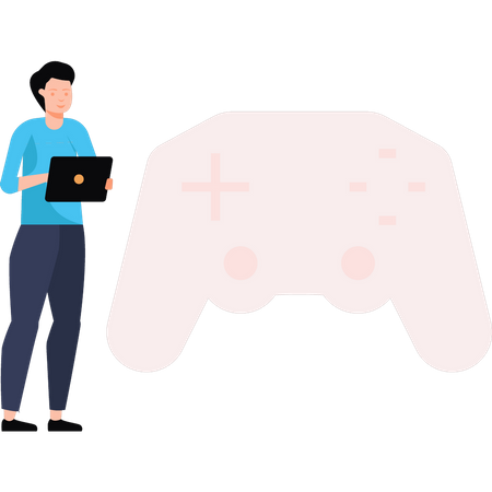 Boy looking at game controller Illustration
