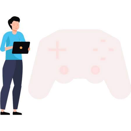 Boy looking at game controller  Illustration