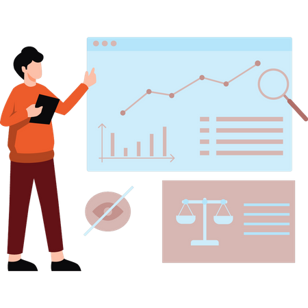 Boy looking at graph analytics  Illustration