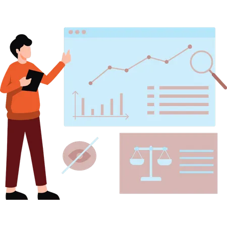 Boy looking at graph analytics  Illustration