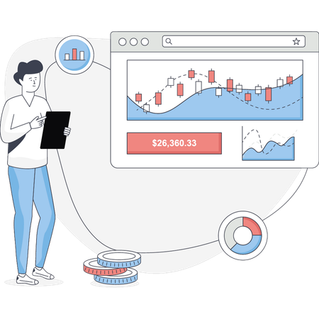 Boy looking at graph analytics  Illustration