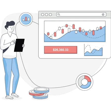 Boy looking at graph analytics  Illustration