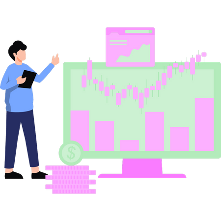 Boy looking at graph analytics  Illustration