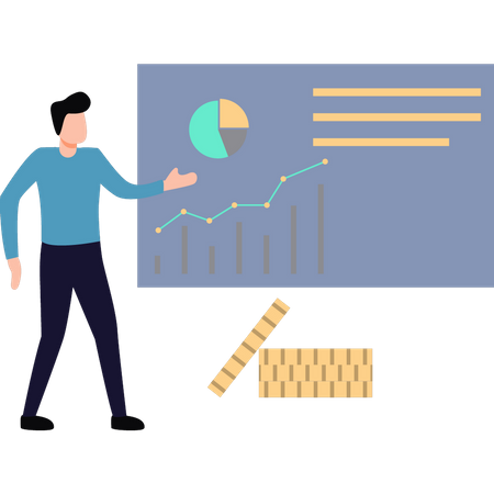 Boy looking at graph analytics.  Illustration