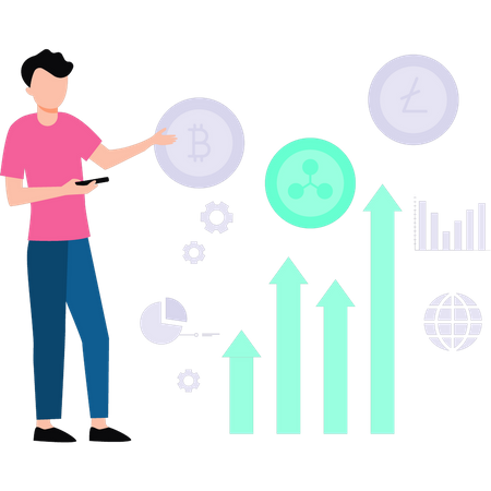 Boy looking at graph of cryptocurrencies  Illustration