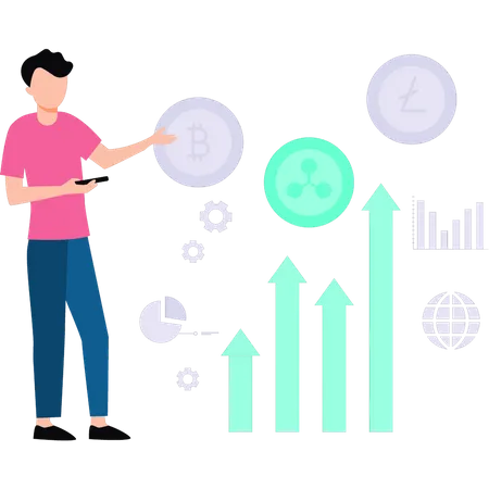 Boy looking at graph of cryptocurrencies  Illustration