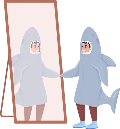 Boy Looking At His Reflection Semi Flat Color Vector Character Editable Figure Full Body Person On White Shark Costume Simple Cartoon Style Illustration For Web Graphic Design And Animation Illustration