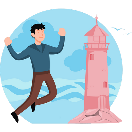 Boy looking at lighthouse at sea  Illustration