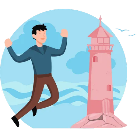 Boy looking at lighthouse at sea  Illustration