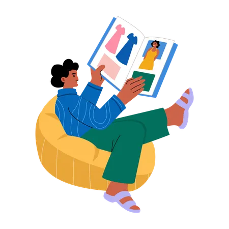 Boy looking at magazine ads  Illustration